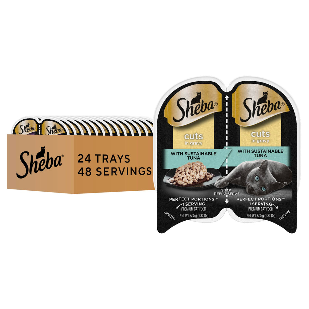 Sheba caja multipack frontal mostrando 24 bandejas, conveniencia para familias