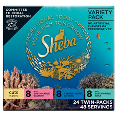 Sheba caja frontal mostrando pack variedad de mariscos, facilita elección