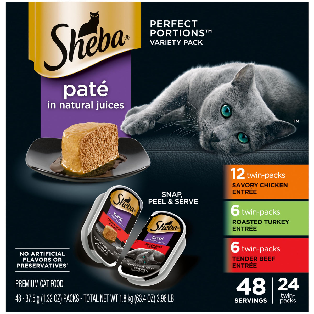 Sheba empaque frontal mostrando multipack y beneficios de porciones