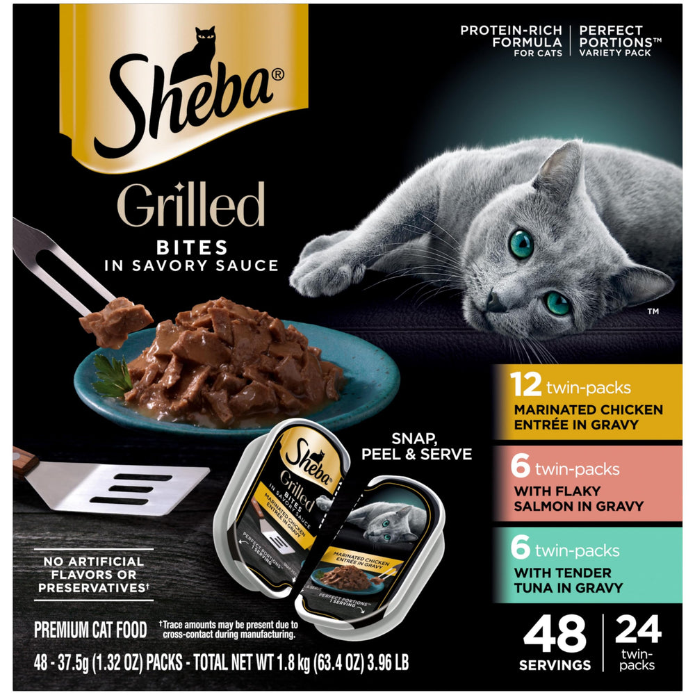 Sheba presentación frontal del paquete variedad 24 ct mostrando porciones