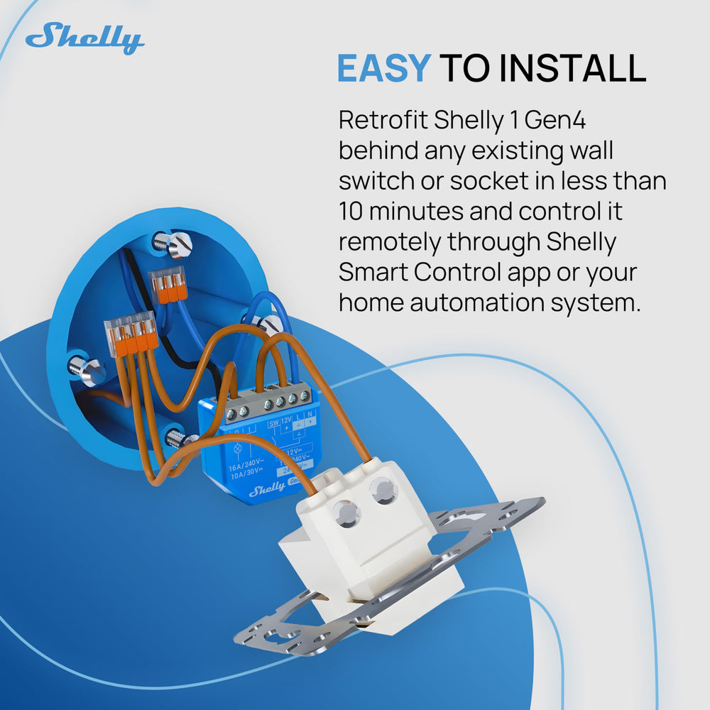 Shelly 1 Gen4 instalado con cables conectados demostrando integración real