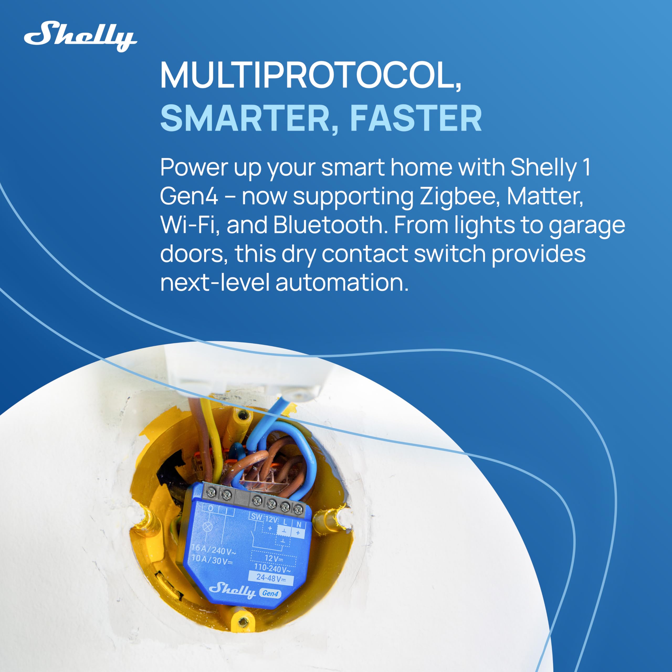 Shelly 1 Gen4 detalle de bornes y contactos secos para instalación segura