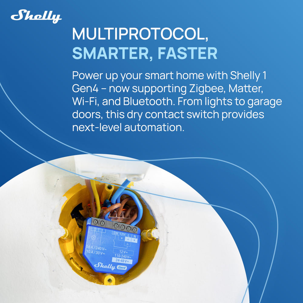Shelly 1 Gen4 detalle de bornes y contactos secos para instalación segura