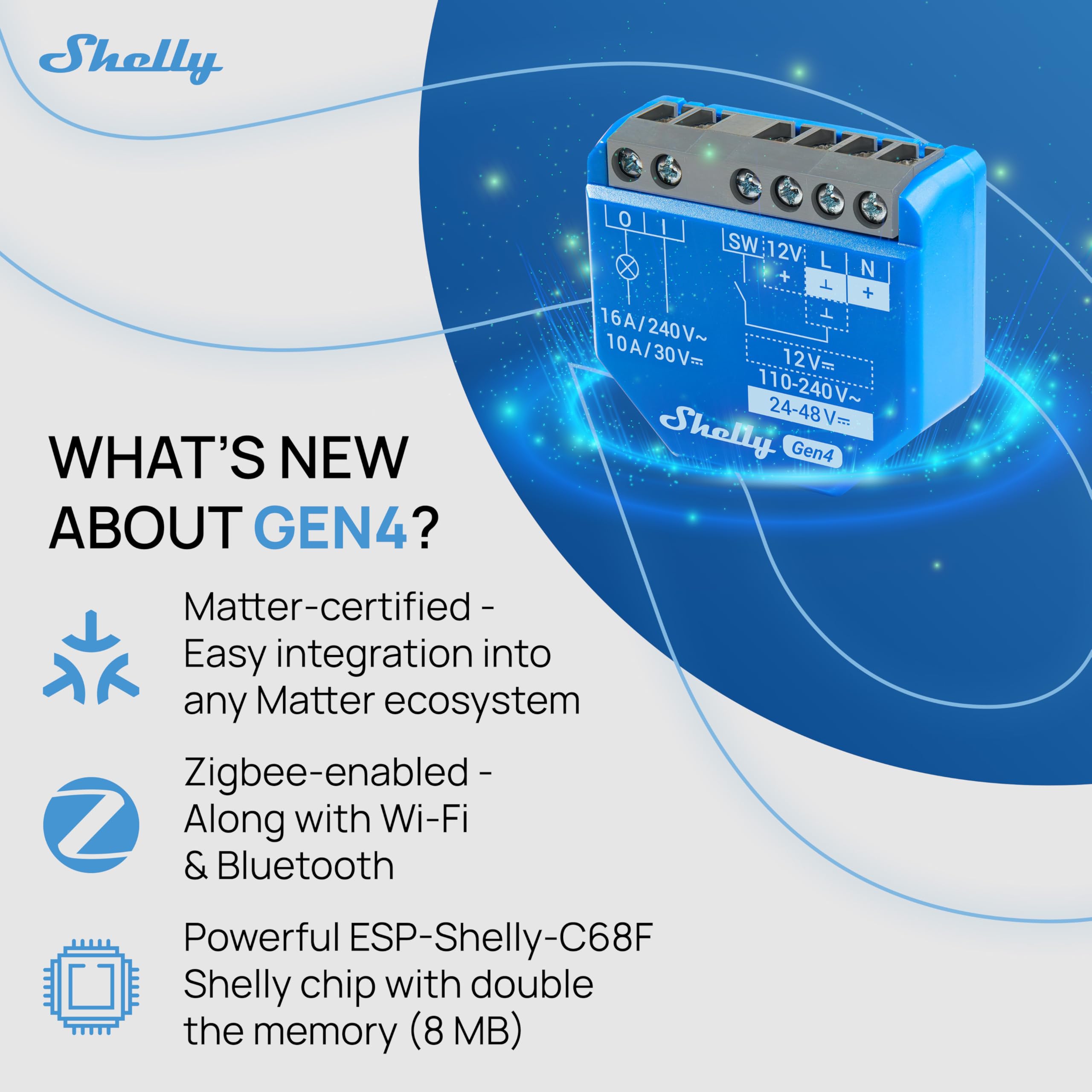 Etiqueta técnica Shelly 1 Gen4 con especificaciones y certificaciones visibles