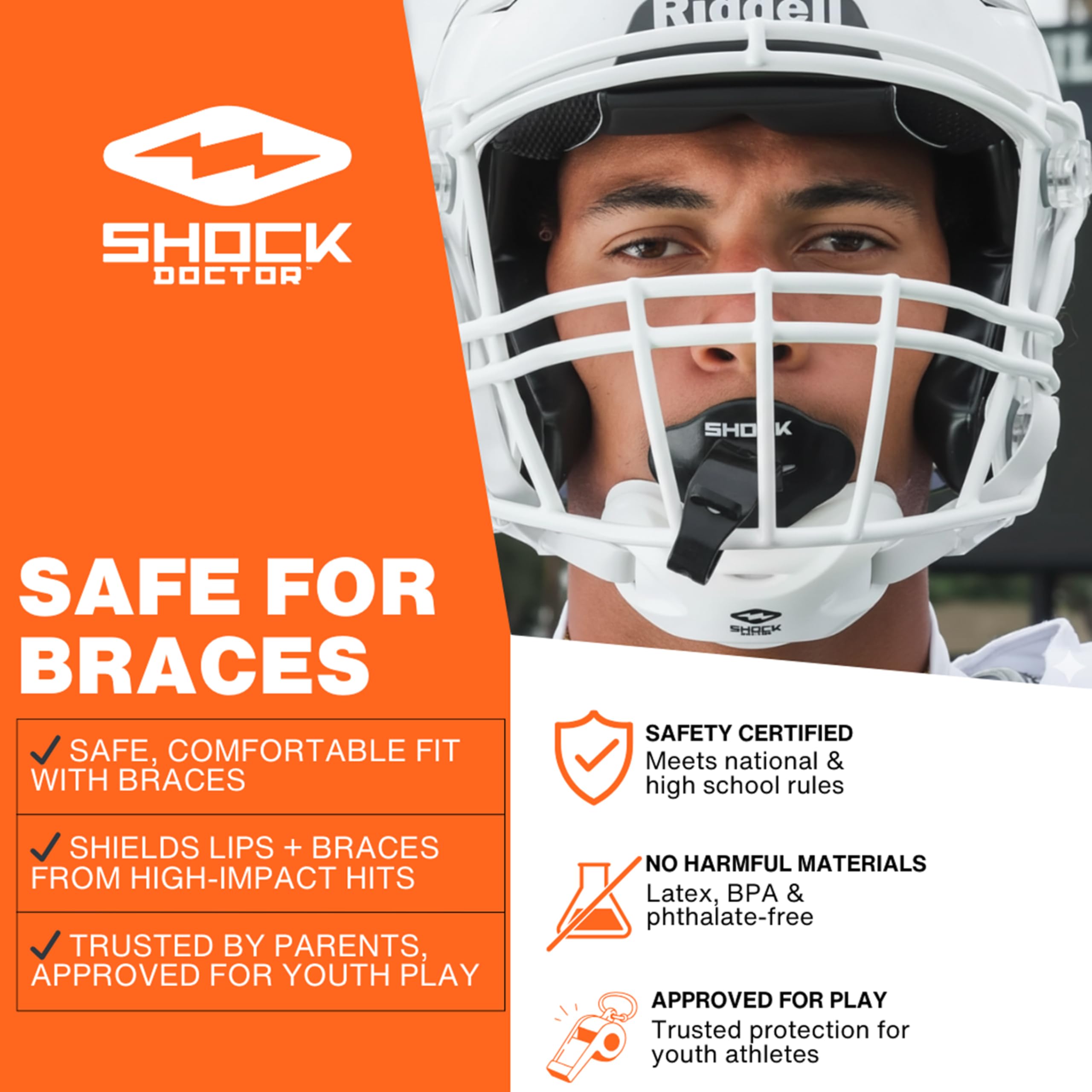 Shock Doctor etiqueta con garantía dental, confianza y respaldo financiero