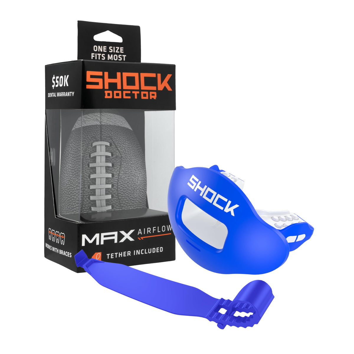 Shock Doctor embalaje frontal mostrando protector y correa, protección visible