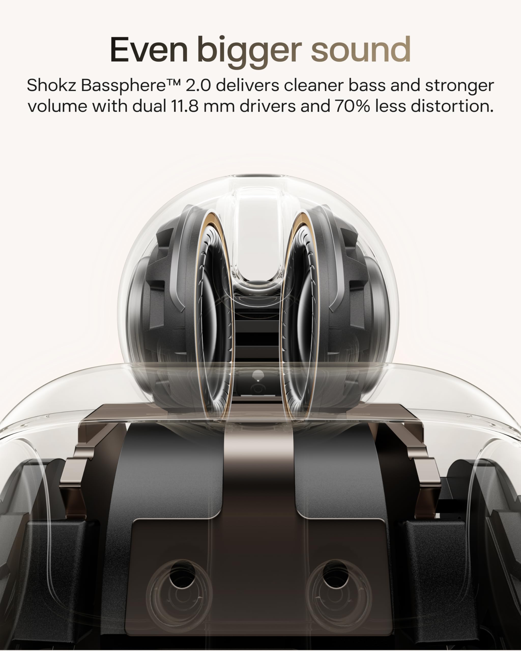 SHOKZ OpenDots 2 closeup of driver and diaphragm showcasing improved bass clarity