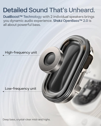 SHOKZ macro of driver grille showing dual-driver detail for rich sound