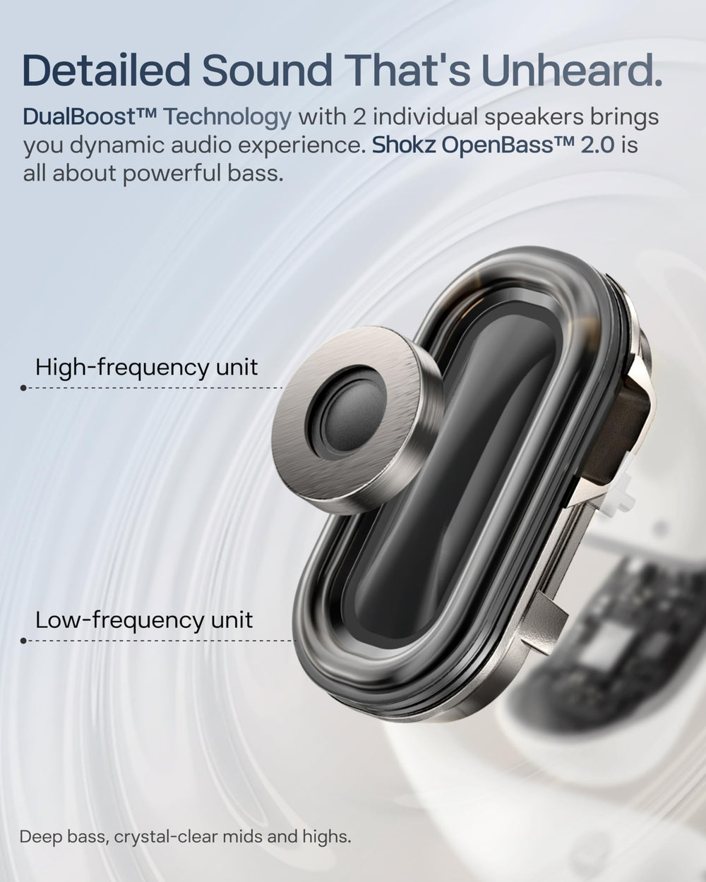 SHOKZ macro of driver grille showing dual-driver detail for rich sound