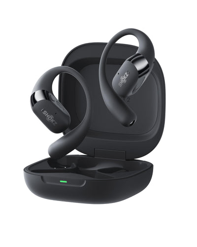 SHOKZ OpenFit 2+ front overview showing sleek open-ear design and comfortable fit