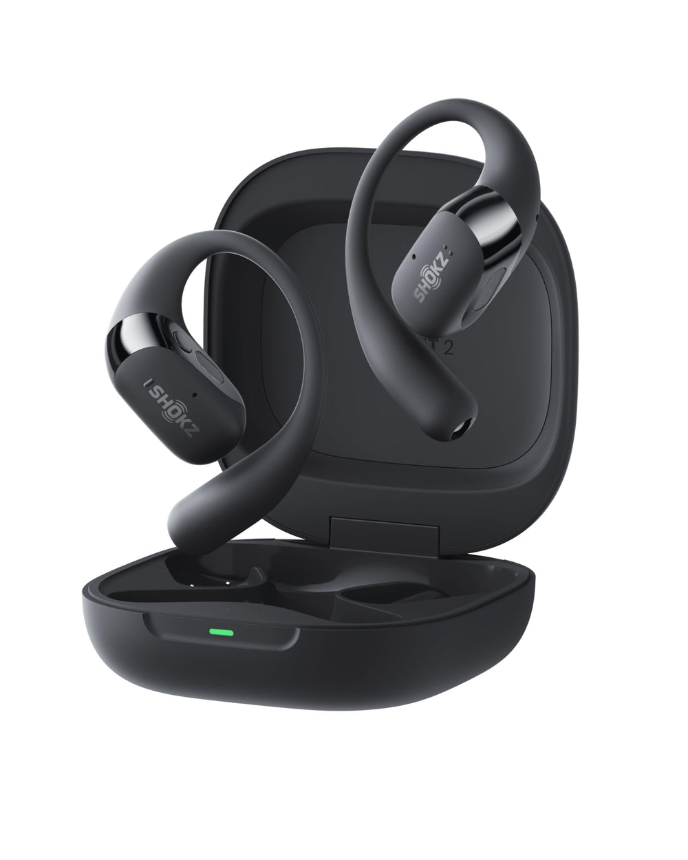 SHOKZ OpenFit 2+ front overview showing sleek open-ear design and comfortable fit