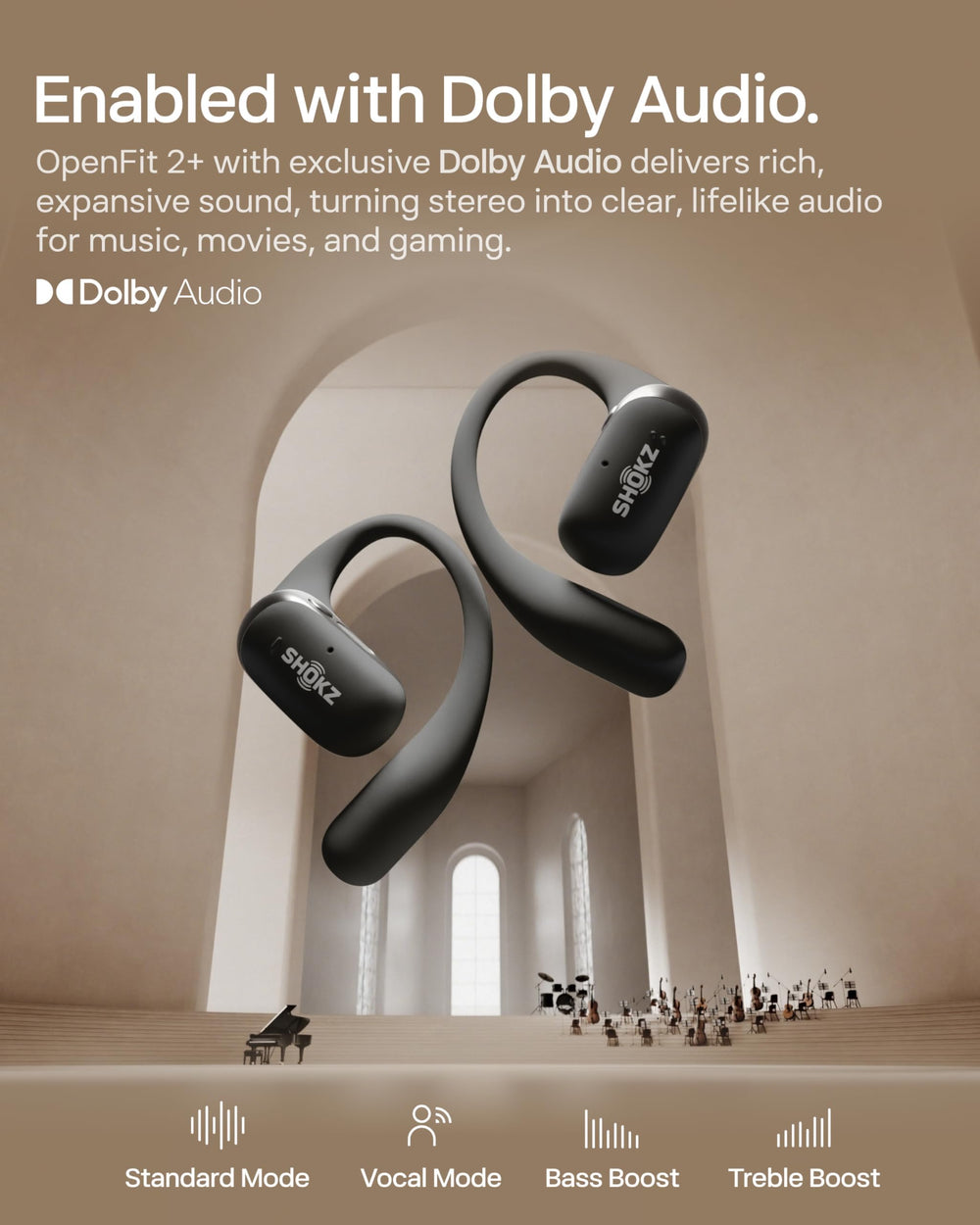 SHOKZ open-fit earbuds held in hand to show compact scale and lightweight build