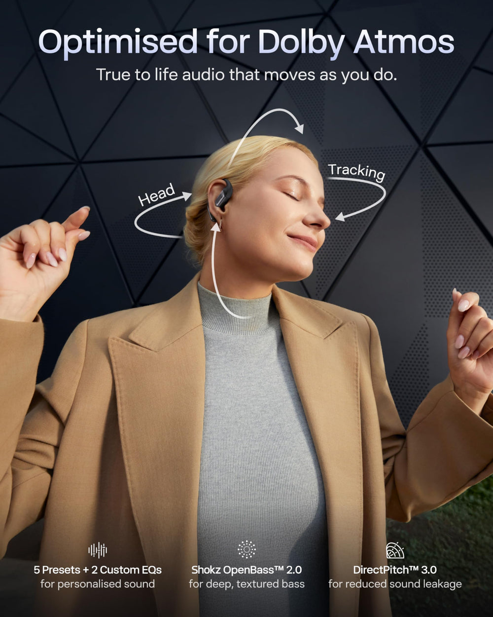 SHOKZ charging case open to show earbuds and long 50-hour battery advantage