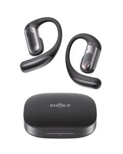 SHOKZ OpenFit Pro front view showing sleek black design and secure fit benefit