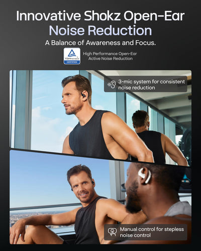 SHOKZ on runner outdoors demonstrating open-ear awareness and safe listening