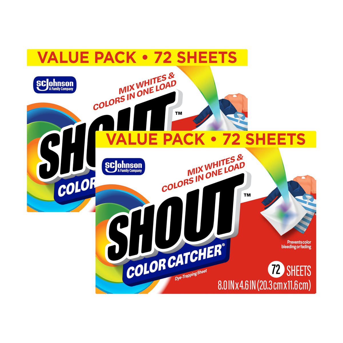 SHOUT front packaging showing two 72-count boxes and product benefit