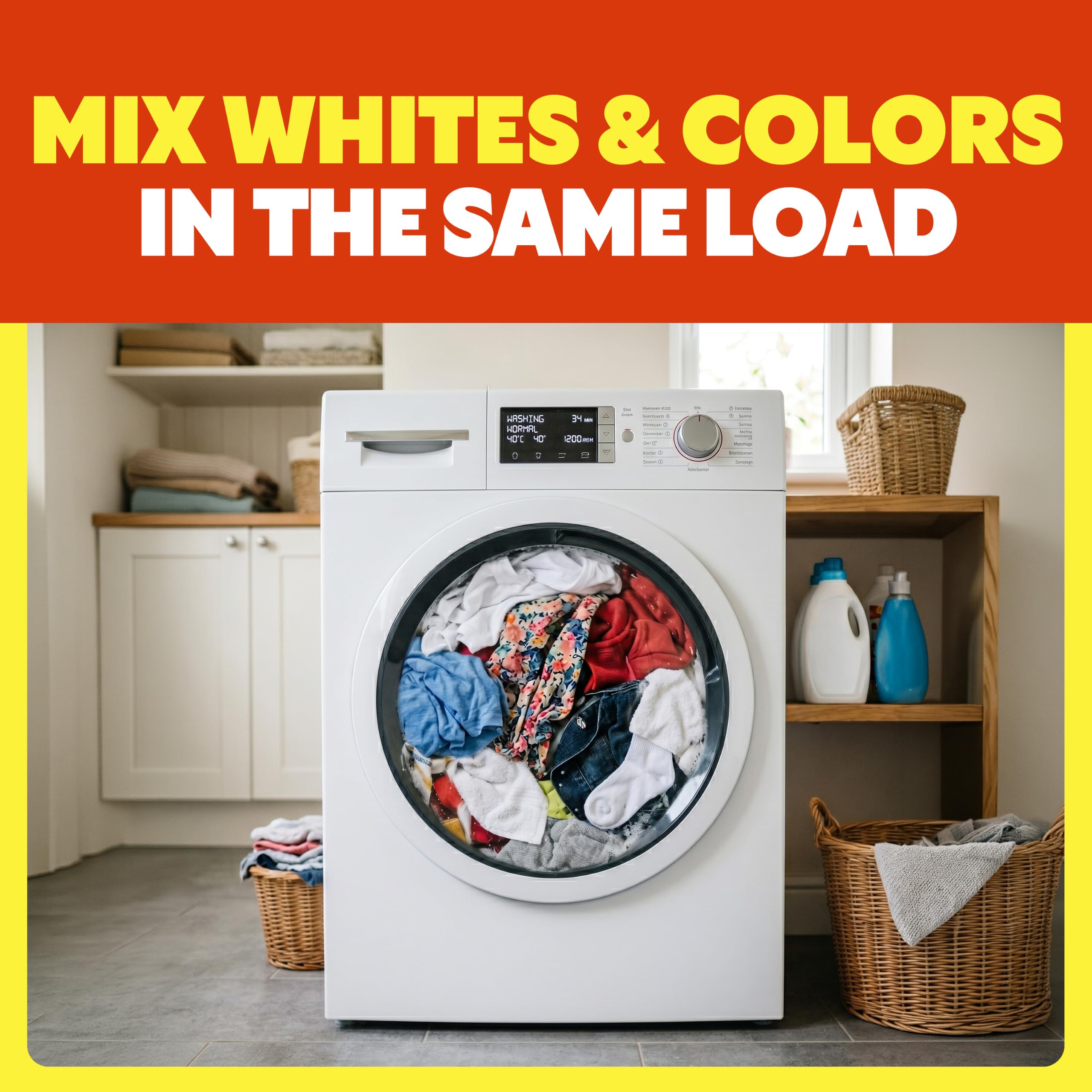 SHOUT sheet inside washer drum with clothes showing safe mixed wash use