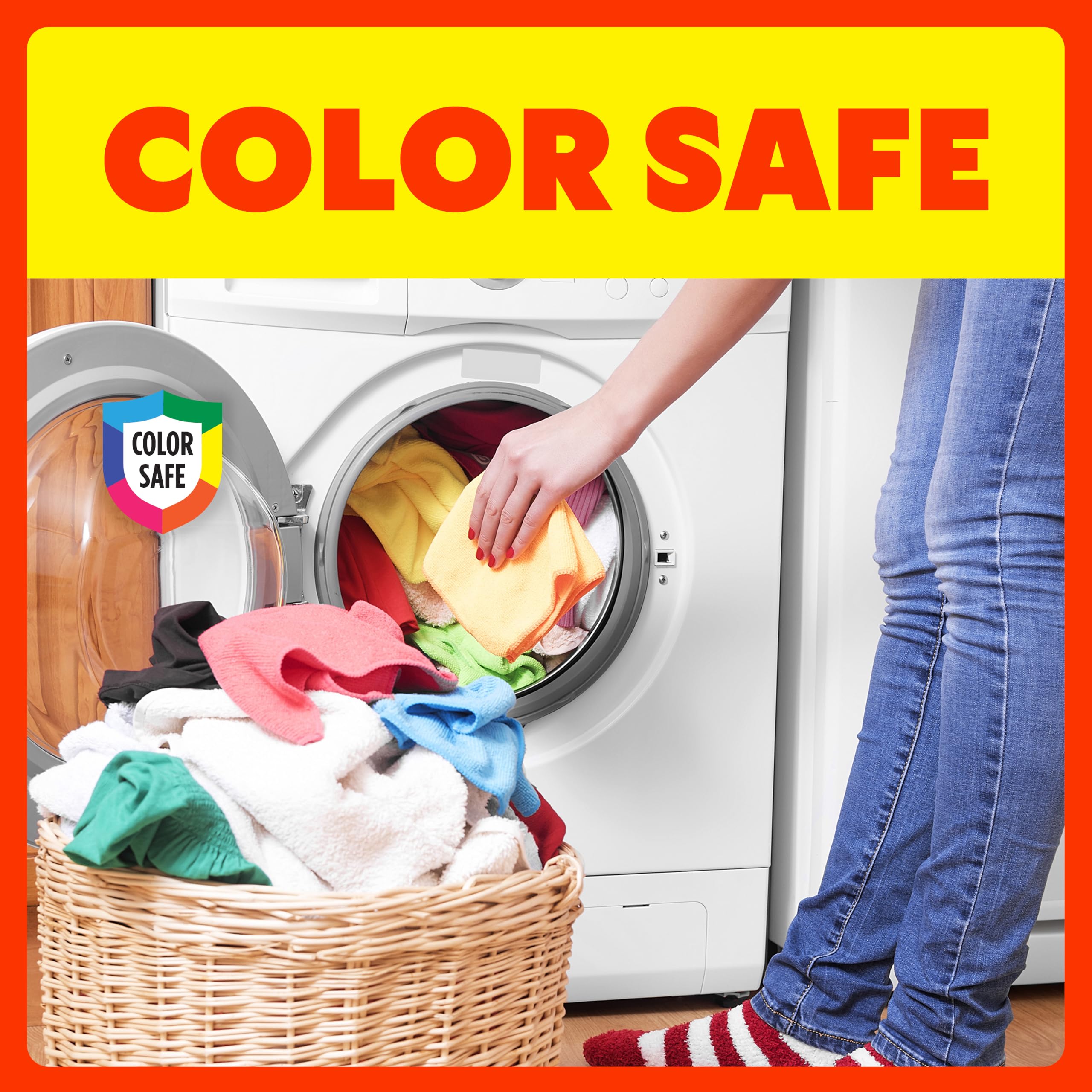SHOUT sheet next to folded laundry showing color preservation benefit