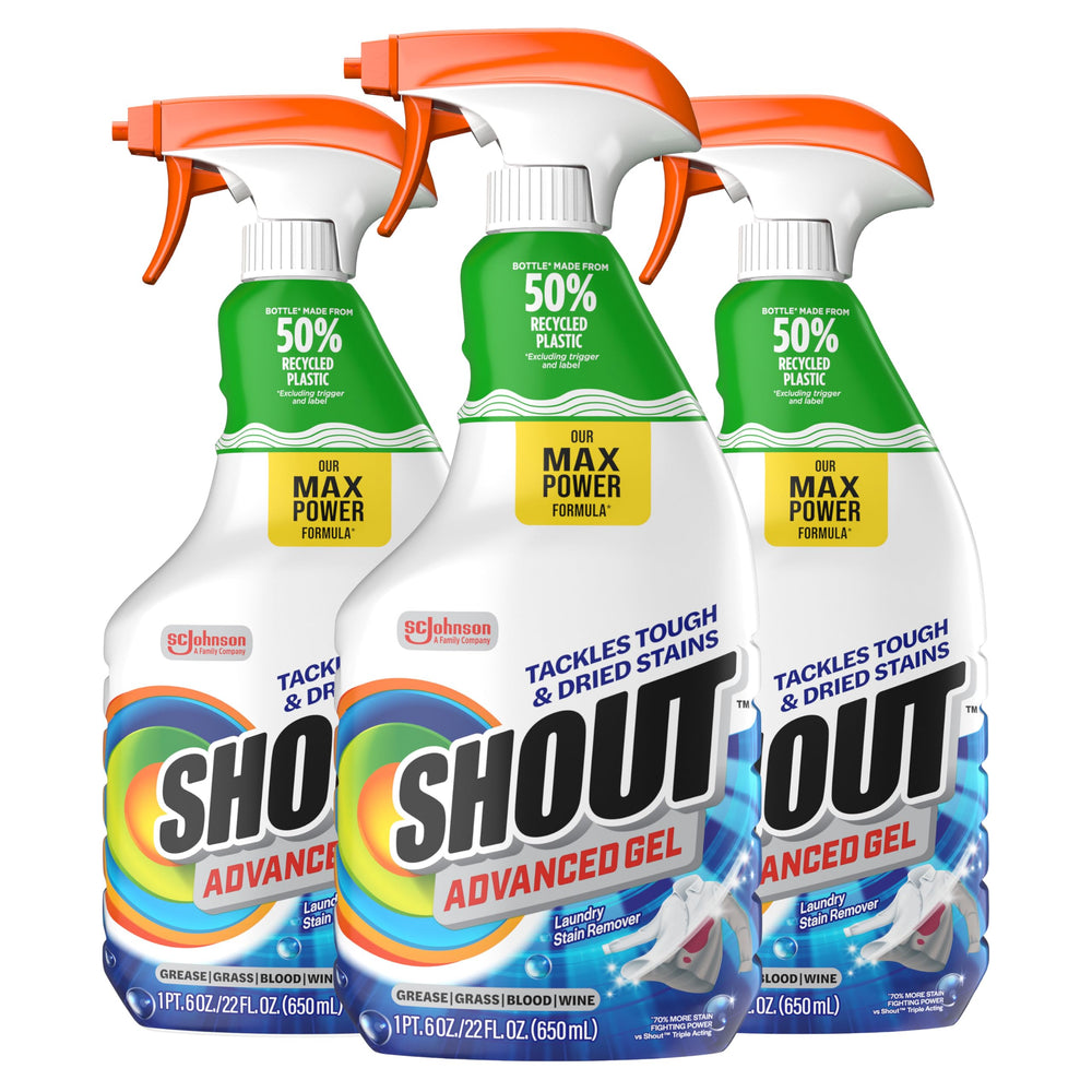 SHOUT envase frontal del gel quitamanchas mostrando pulverizador y diseño compacto