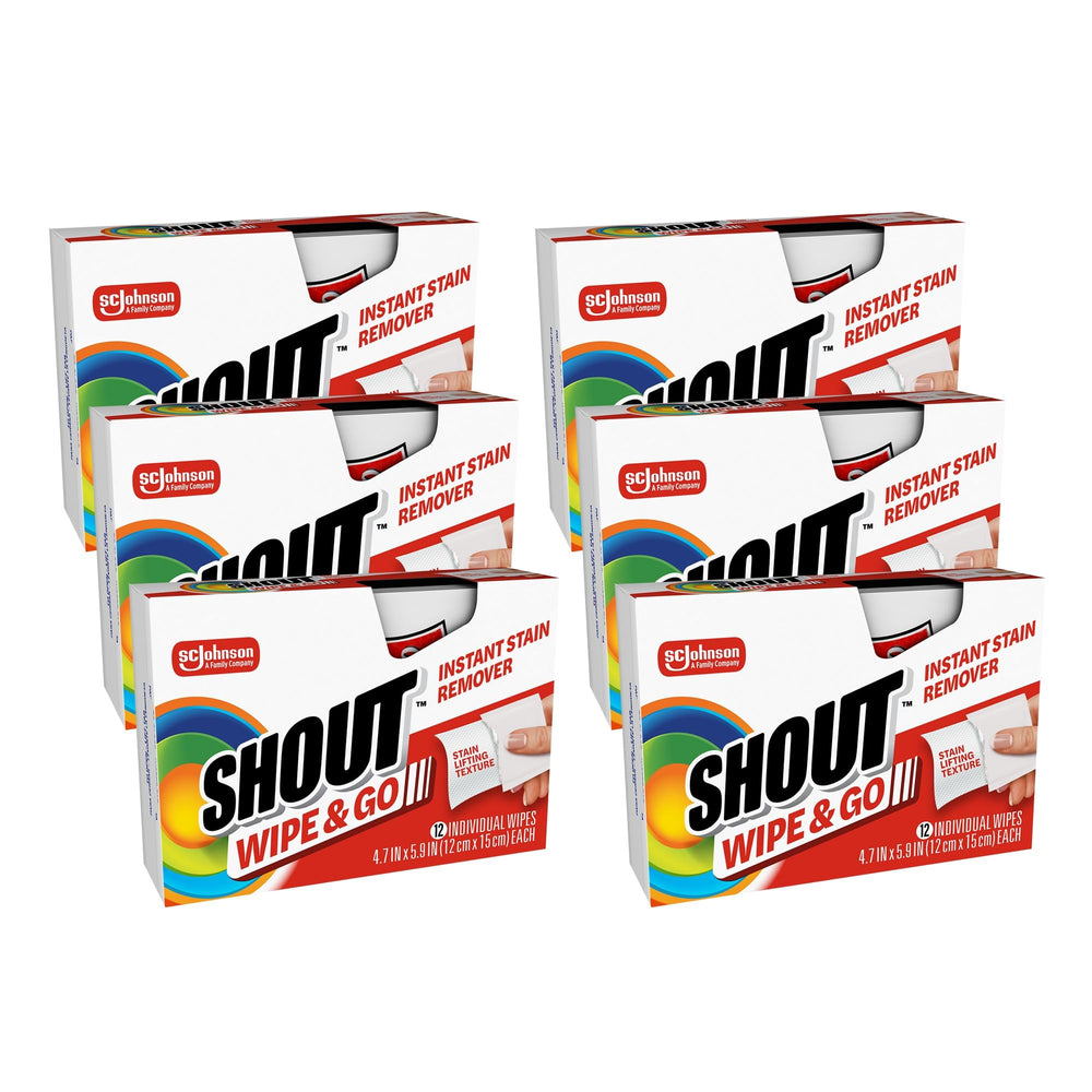 SHOUT paquete frontal mostrando 12 toallitas portátil y práctico