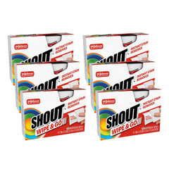 SHOUT paquete frontal mostrando 12 toallitas portátil y práctico