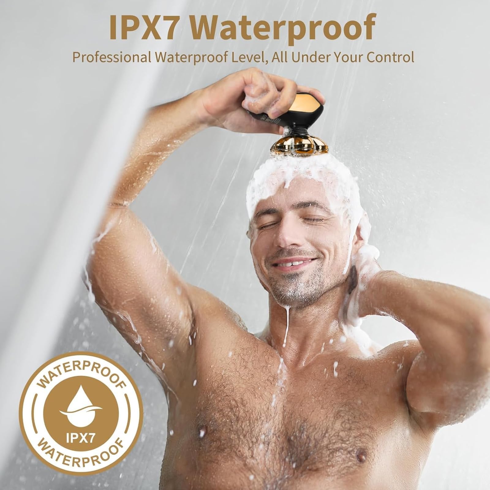 SHPAVVER afeitadora en uso bajo la ducha demostrando la impermeabilidad IPX7 y facilidad de lavado
