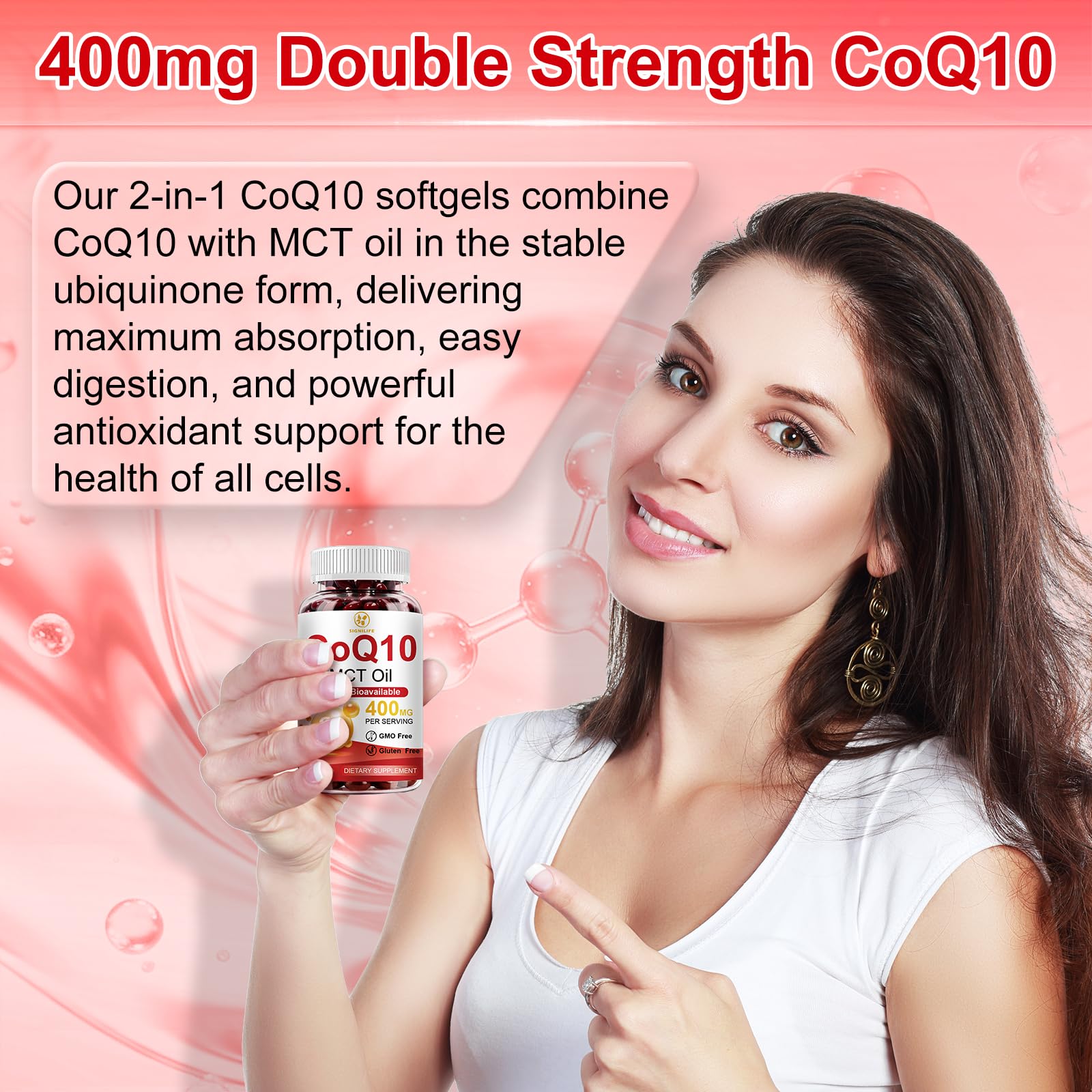 SIGNILIFE botella abierta con softgels visibles, evidencia del contenido y cantidad