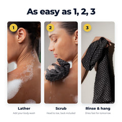 Sima Brand persona usando la toalla en la ducha para limpiar y exfoliar espalda