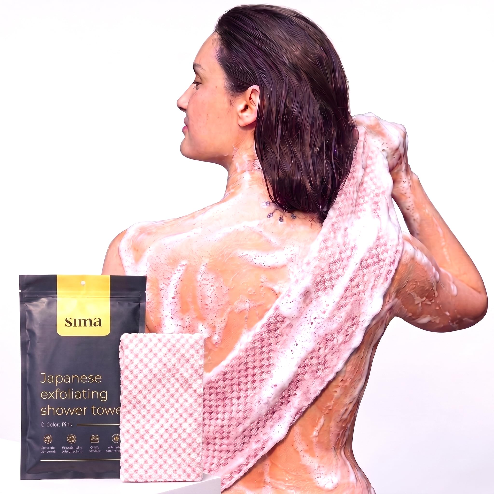 Sima Toalla Exfoliante frontal rosa mostrando el tamaño y diseño, mejora la suavidad