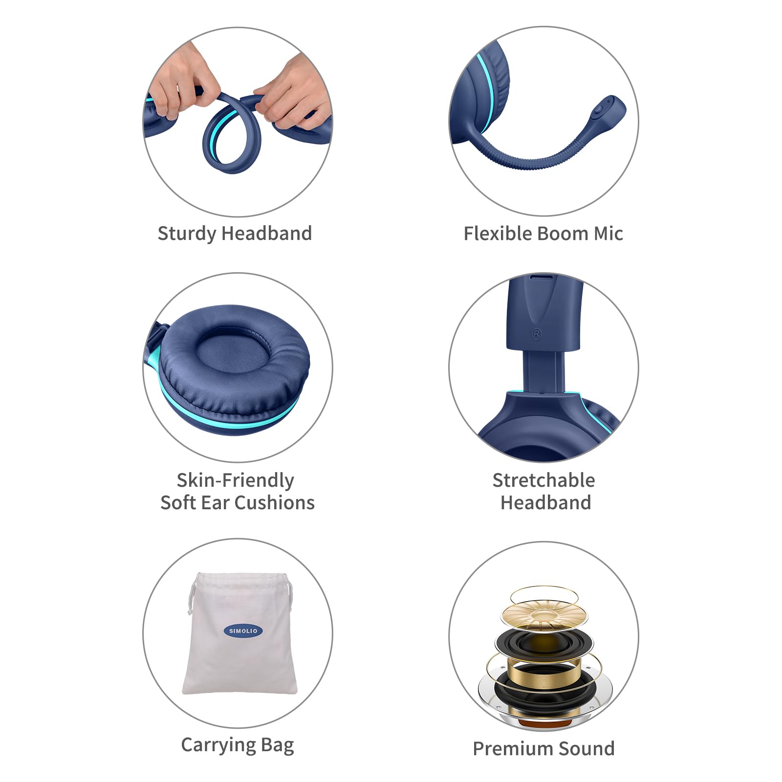 SIMOLIO auriculares plegados junto a estuche para fácil transporte