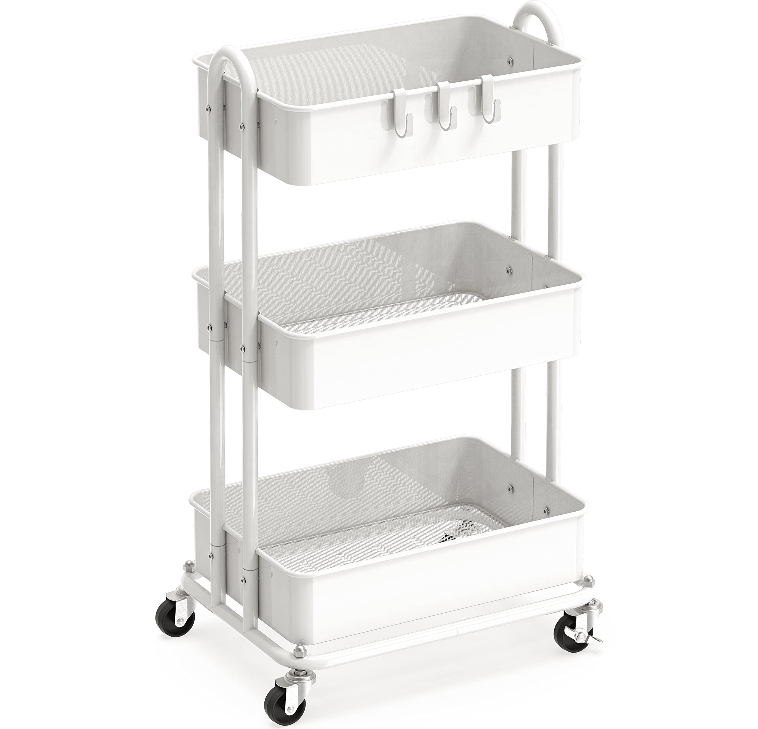 Simple Houseware front view of white 3-tier cart showing storage capacity and neat appearance