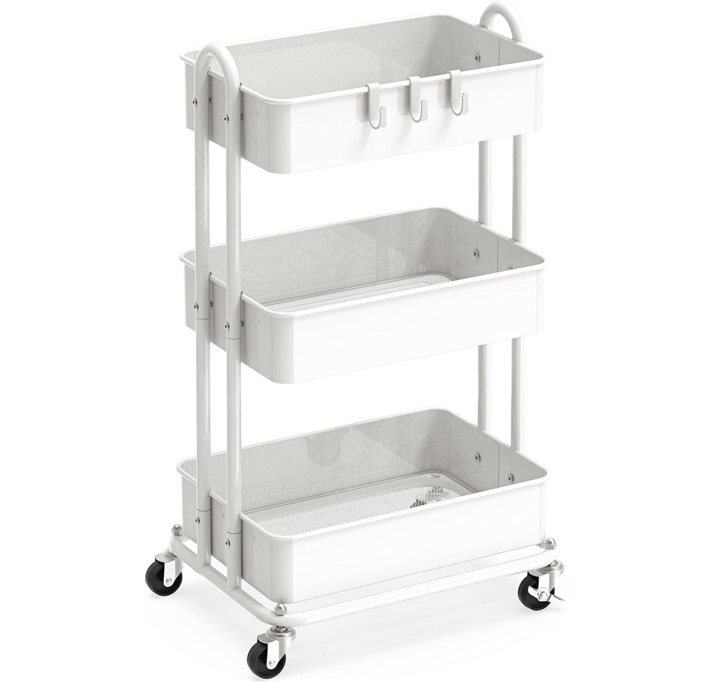 Simple Houseware front view of white 3-tier cart showing storage capacity and neat appearance
