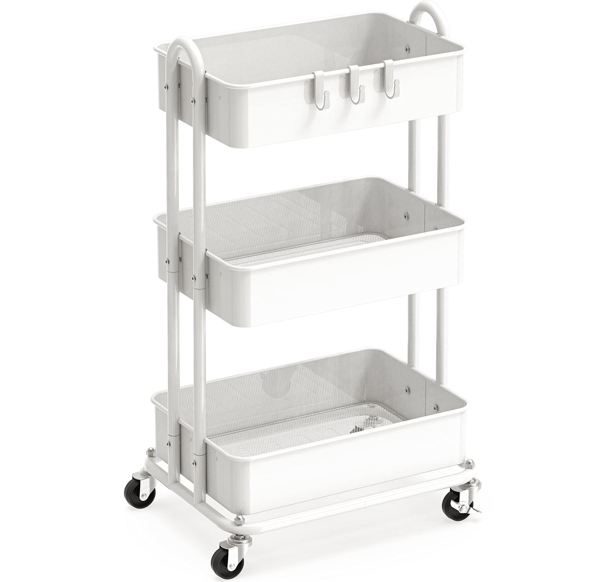 Simple Houseware front view of white 3-tier cart showing storage capacity and neat appearance