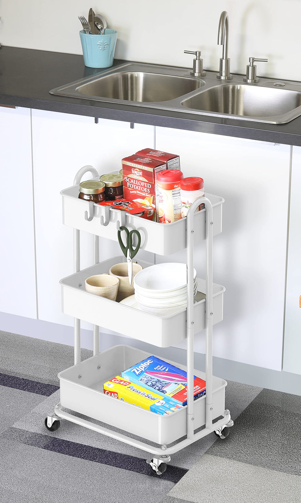 Simple Houseware cart in kitchen holding pantry items for space-saving organization