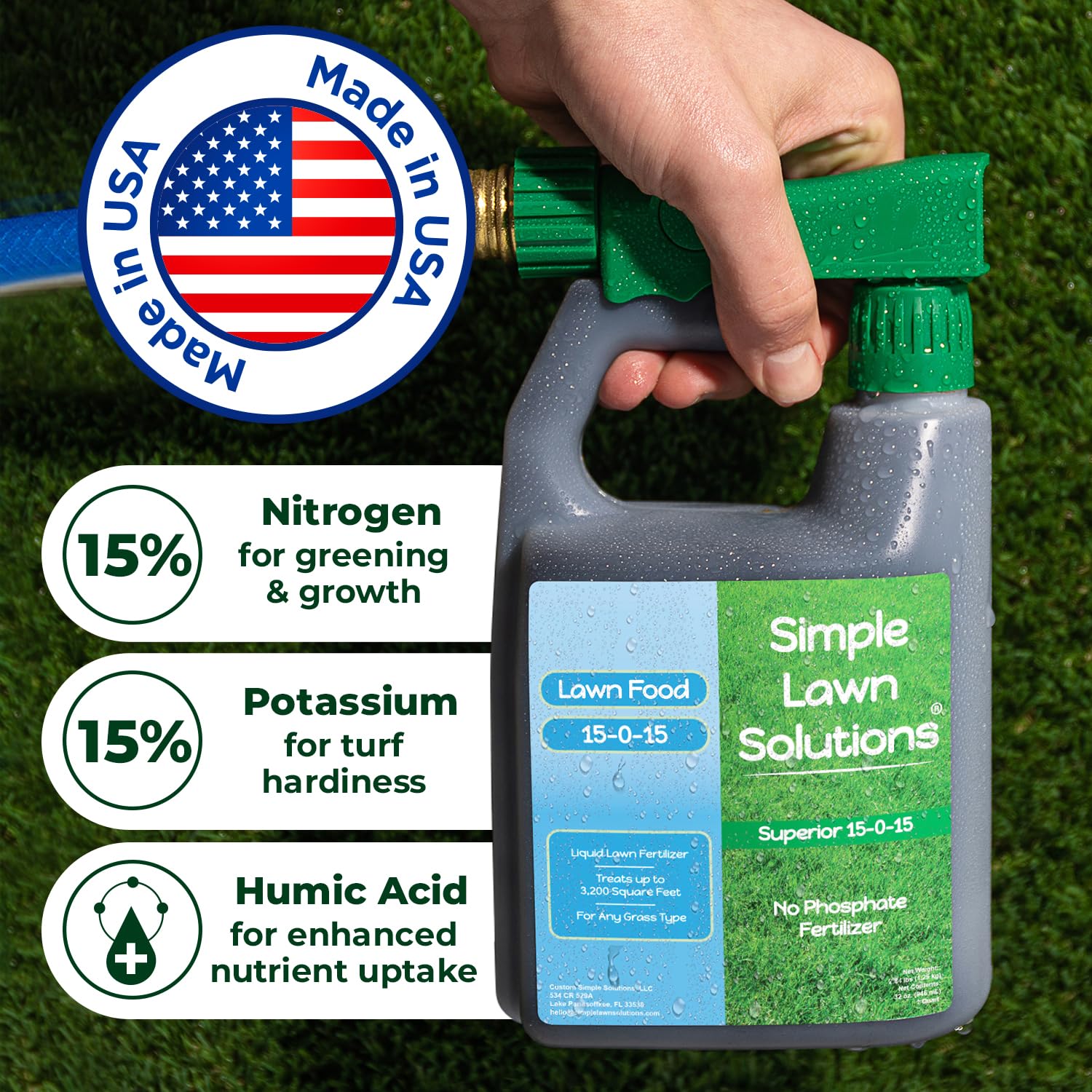 Simple Lawn Solutions etiqueta en detalle con ingredientes y uso claro