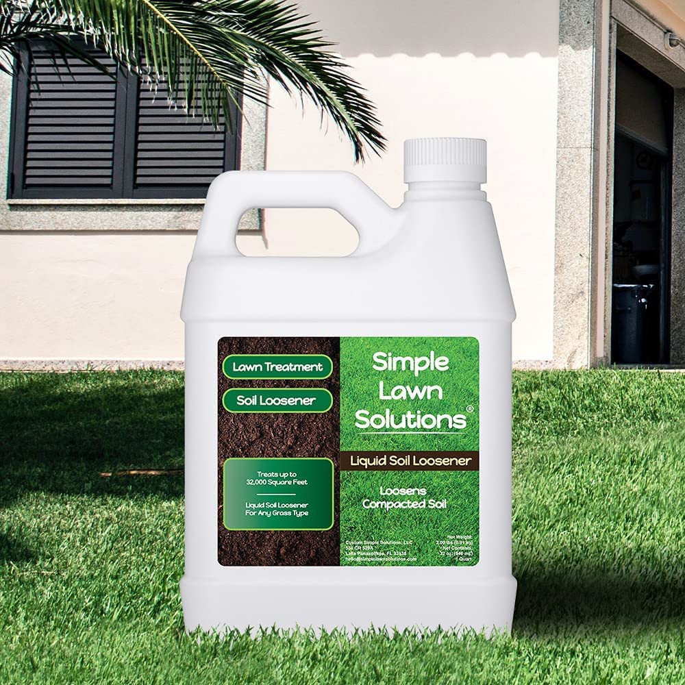 Simple Lawn Solutions bottle beside ruler showing 32-ounce size and economical benefit