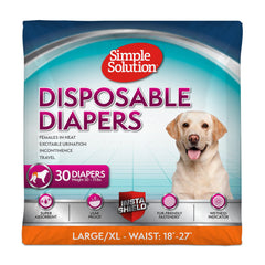Simple Solution empaque frontal del paquete mostrando 30 pañales y beneficios
