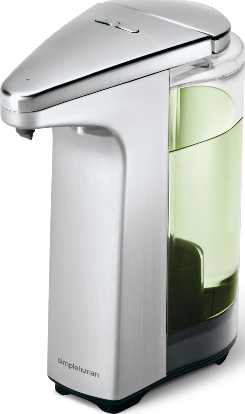 simplehuman brushed nickel front view showing compact dispenser and neat countertop benefit