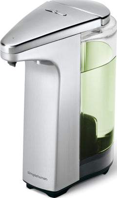 simplehuman brushed nickel front view showing compact dispenser and neat countertop benefit