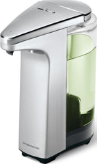 simplehuman brushed nickel front view showing compact dispenser and neat countertop benefit