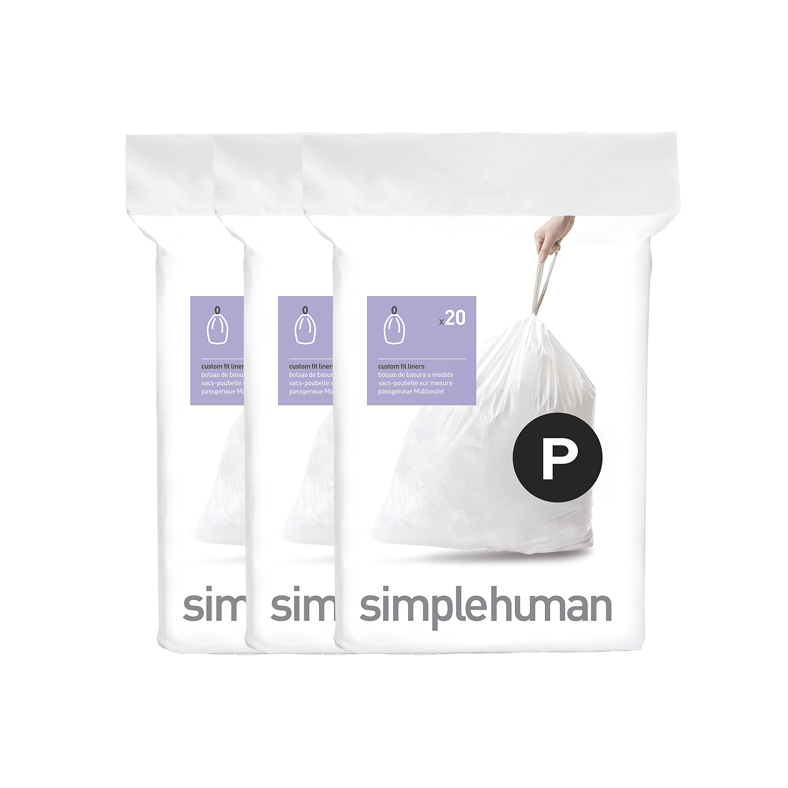 simplehuman paquete frente mostrando 60 forros y ventaja ajuste limpio