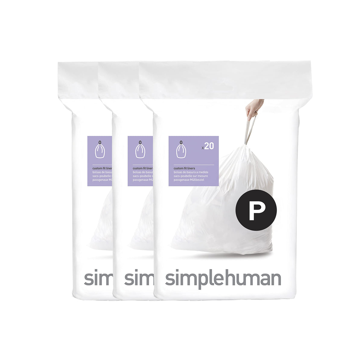 simplehuman paquete frente mostrando 60 forros y ventaja ajuste limpio