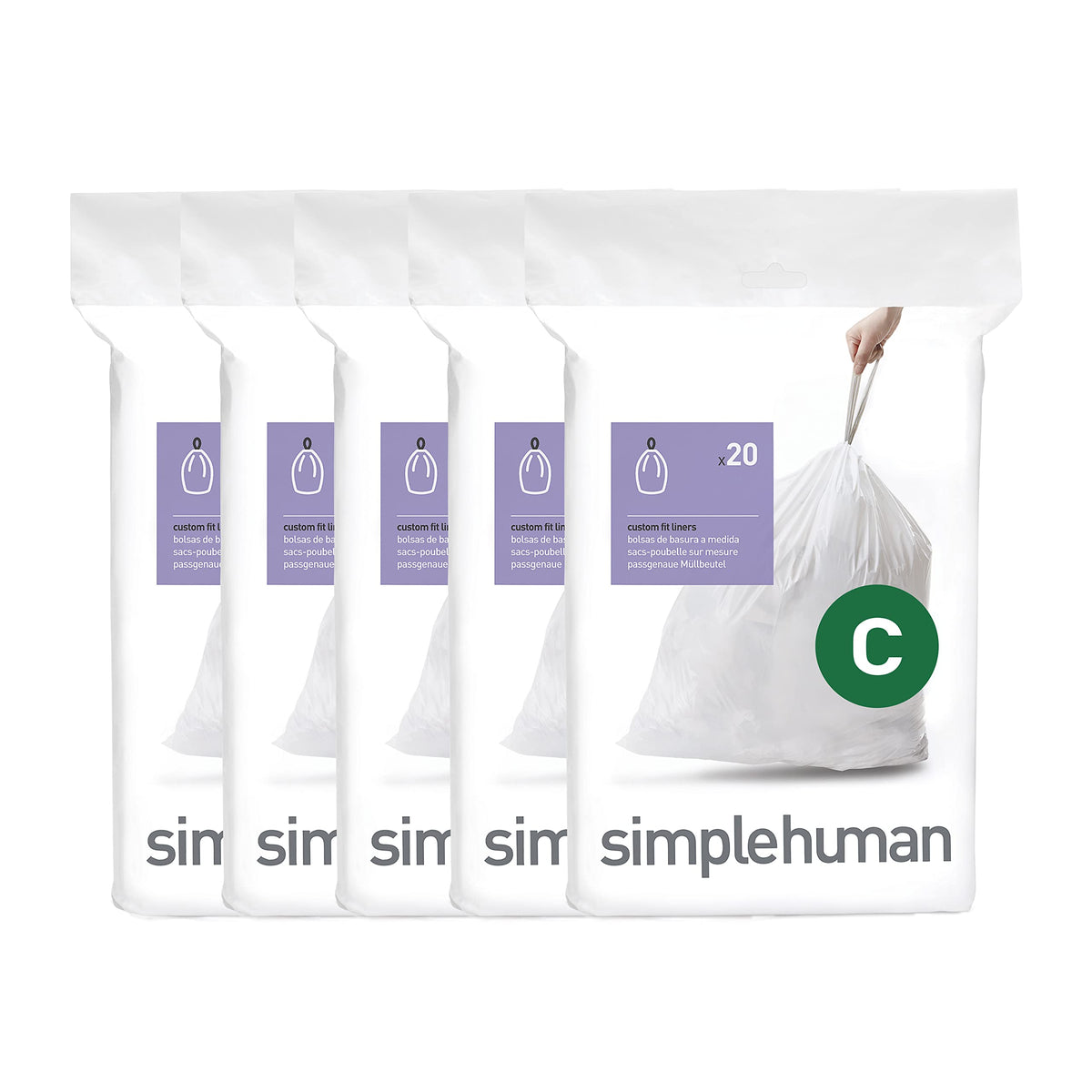 simplehuman paquete Code C frente mostrando 100 bolsas y beneficio de ajuste preciso