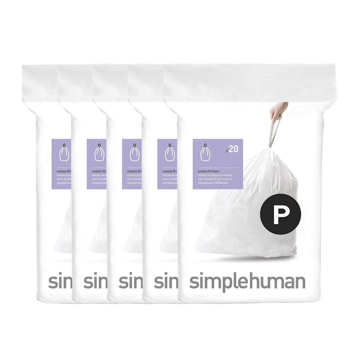 simplehuman paquete frontal mostrando 100 bolsas y ajuste limpio