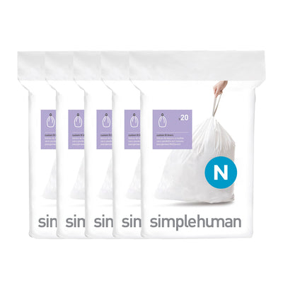 simplehuman front packaging showing Code N liners and capacity, organized benefit