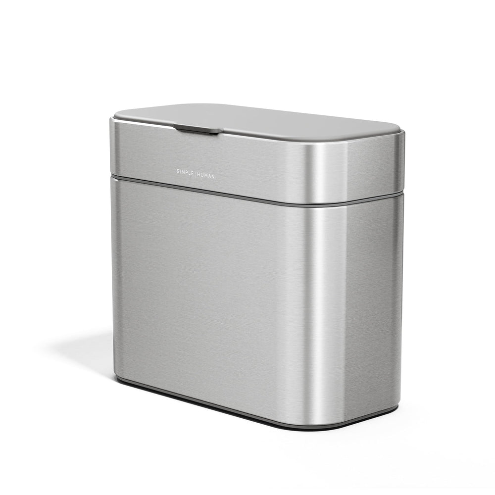 simplehuman front view brushed stainless caddy shows compact, modern design and durability