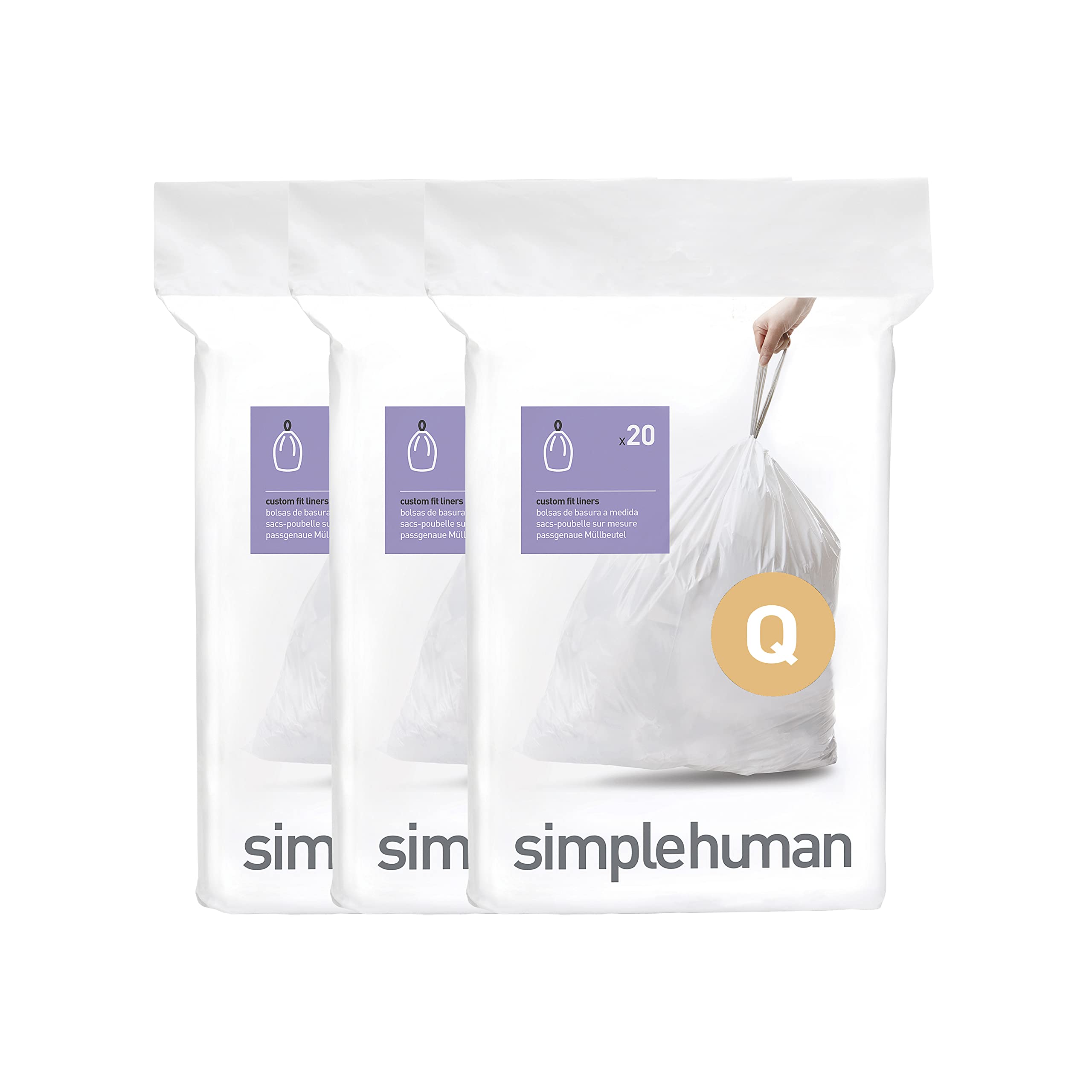 simplehuman empaque frontal Code Q mostrando 60 bolsas y dispensador práctico