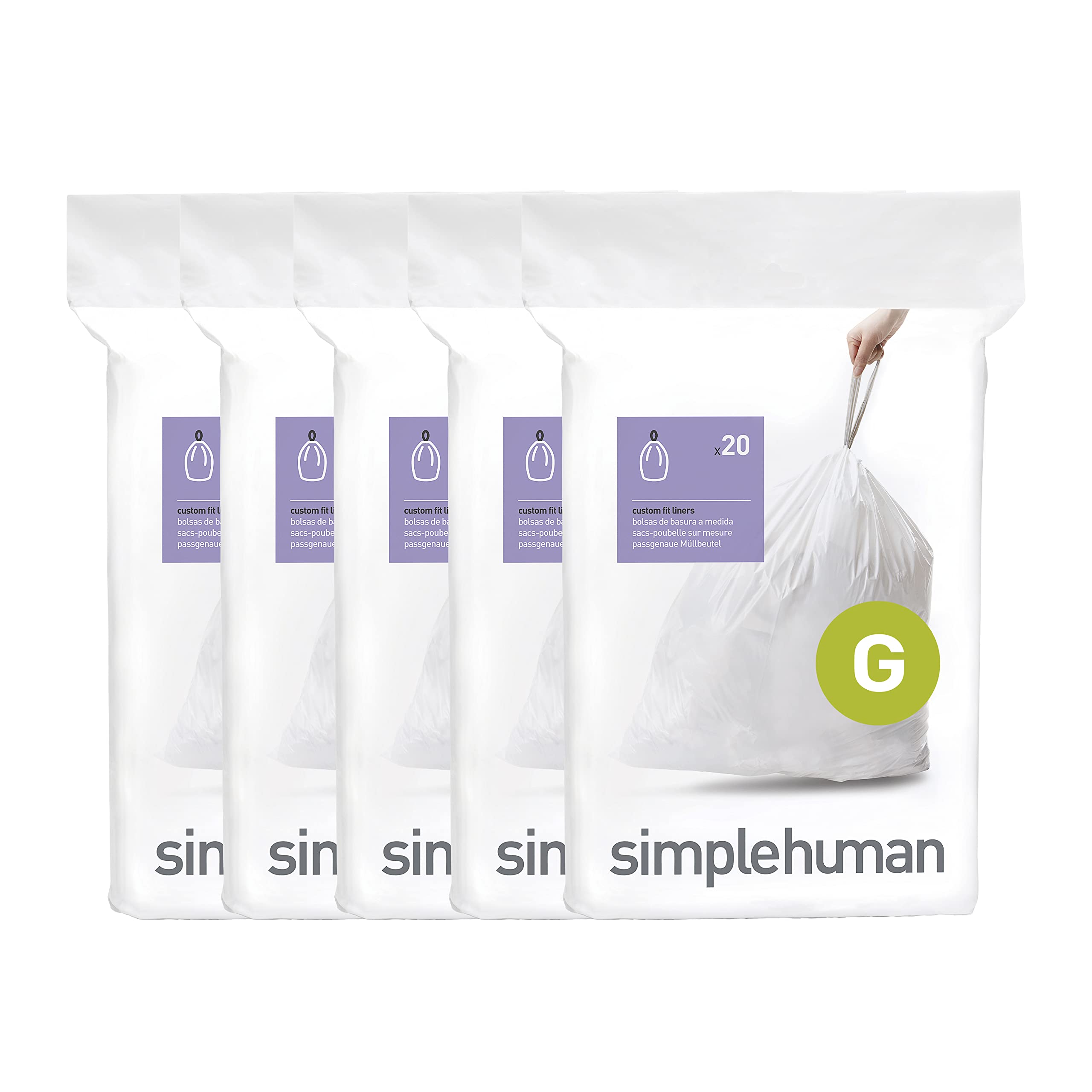 simplehuman paquete frontal de 100 bolsas Code G mostrando el diseño y conveniencia