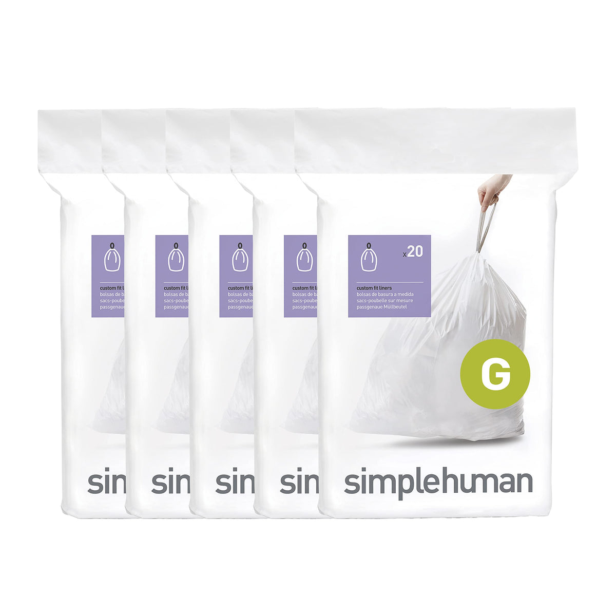 simplehuman paquete frontal de 100 bolsas Code G mostrando el diseño y conveniencia