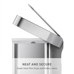 simplehuman Lid Shox technology detail showing quiet slow-close action for reduced noise